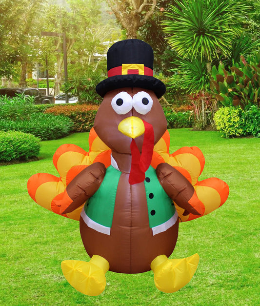 4 Foot Tall Happy Thanksgiving Inflatable Turkey with Pilgrim Hat Perfect Thanksgiving Autumn LED Lights Decor Outdoor Indoor Holiday Decorations, Blow up Lighted Yard Lawn Decor Home Family Outside