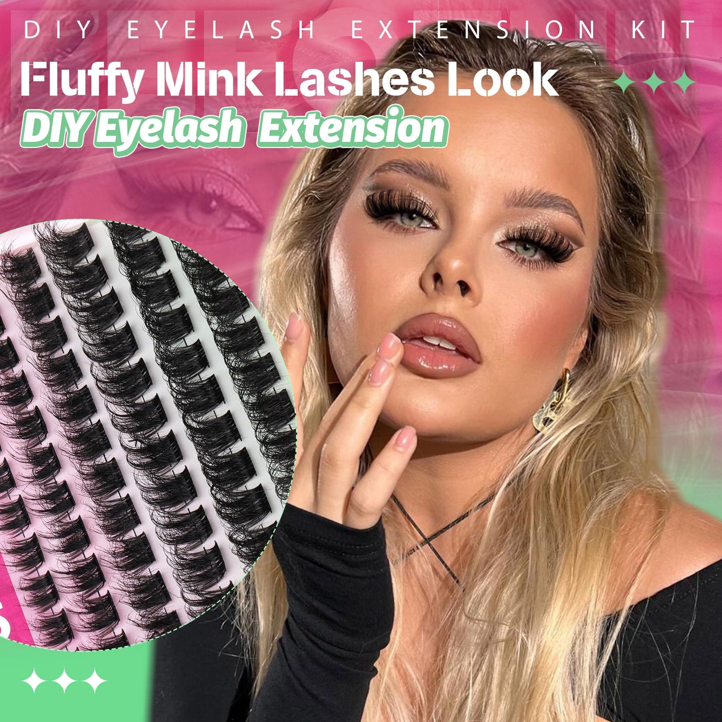 Eefofnn DIY Lash Extension Kit Fluffy Volume Individual Eyelashes D Curl Mink Lash Clusters with Lash Glue Bond and Seal Tweezers 10-20mm Thick Eyelash Extensions Kit DIY at Home