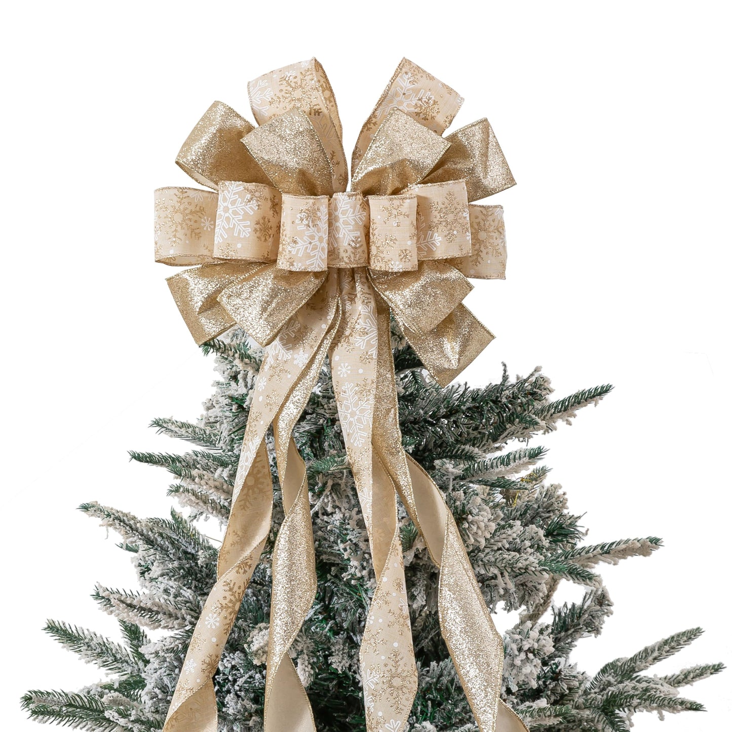 Christmas Tree Topper, 40x13 Inches Toppers Bow with Glitter Satin Mesh Streamer and Patterned Ribbon, Christmas Tree Topper Bow for Christmas Home Decoration (Champagne Gold)