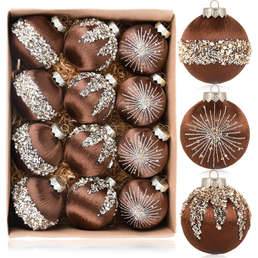 Christmas Ornaments Brown Tree Decorations - Pack of 12 Satin Xmas Balls Ornament - Silk Shatterproof Bulbs Luxury Baubles 80mm 3.15 inch