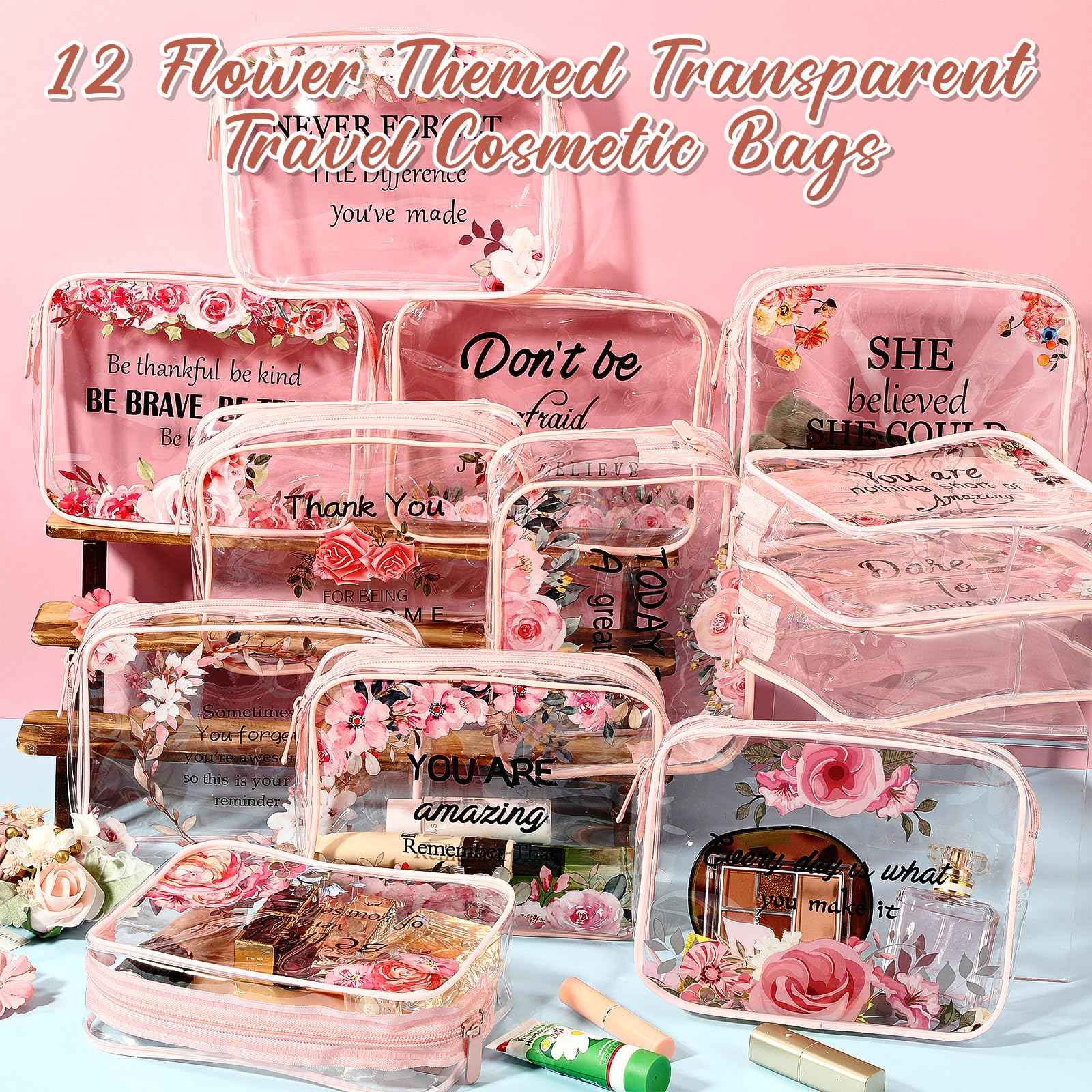 Kacctyen 12 Pcs Clear Makeup Bags Flower Bulk Inspirational Quotes Waterproof Portable with Toiletry Zipper Pink Clear PVC Travel Pouch Encouragement Quotes Bags Appreciation Gift for Mother Nurse