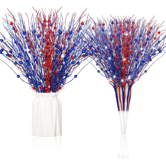 Giegxin 32 Pcs Patriotic Artificial Berry Stems Labour Day 17 Inch Berry Picks Memorial Day 4th of July Glitter Berry Stems Patriotic Picks for Independence Day Decor(Red, Blue, White)