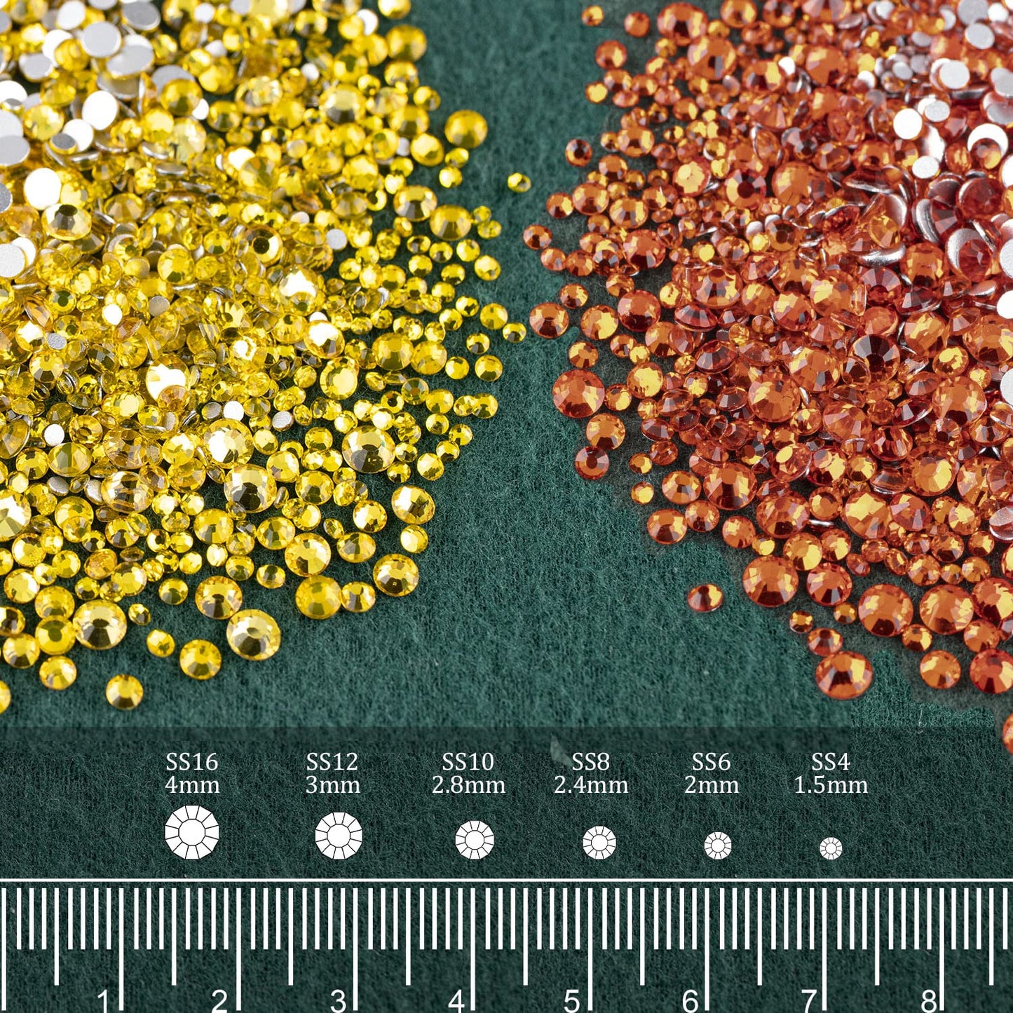 Flat Back Round Glass Nail Art Rhinestones Set 8, Crystal AB+Clear+Orange+Lemon Yellow Gem Bead Jewels Kits With Picker Pencil And Tweezer For Professional And Home DIY Use