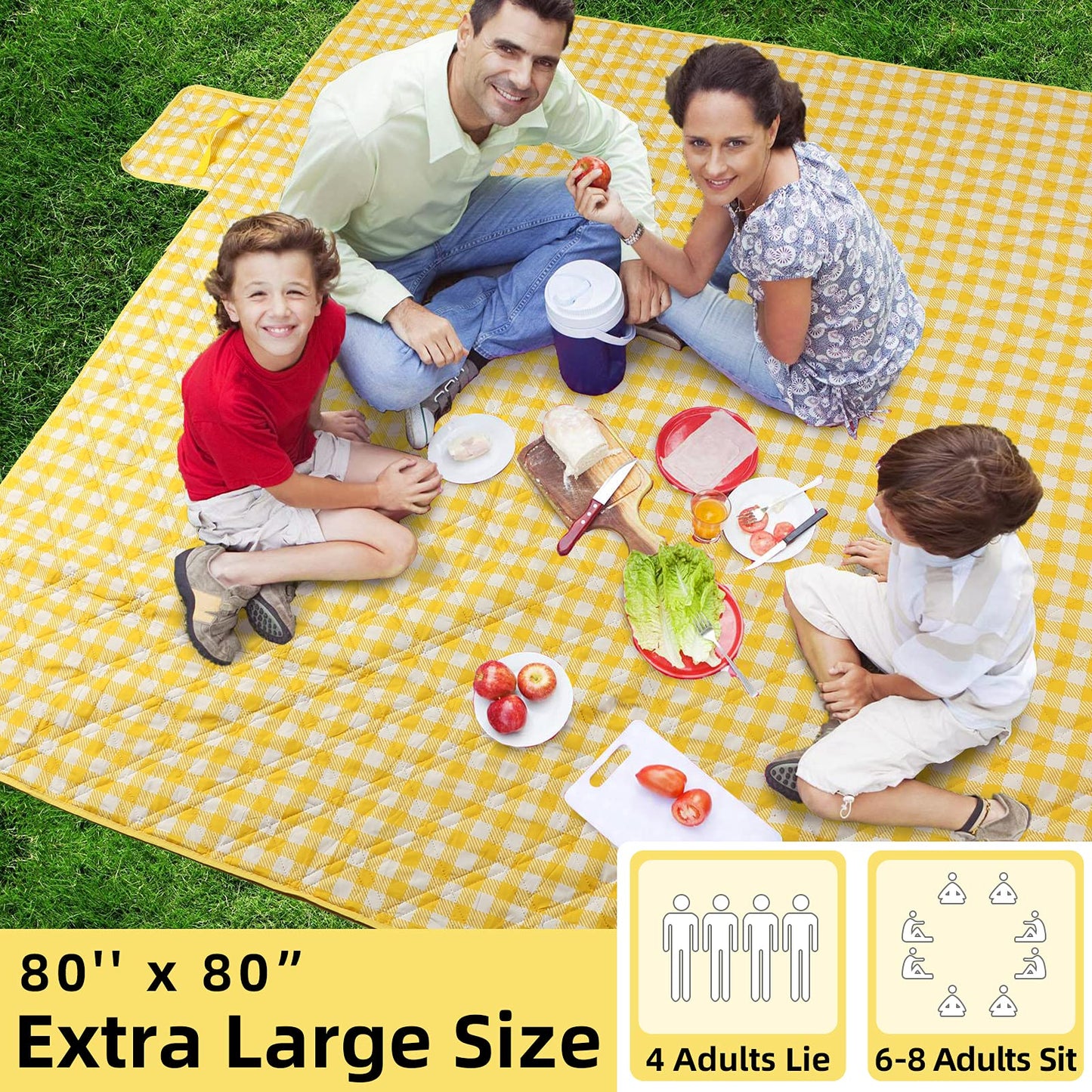 ZAZE Extra Large Picnic Blankets, 80''x80'' Washable Waterproof Foldable Oversized Compact Picnic Mat for Spring Summer Blanket Beach, Camping on Grass (Yellow and White)