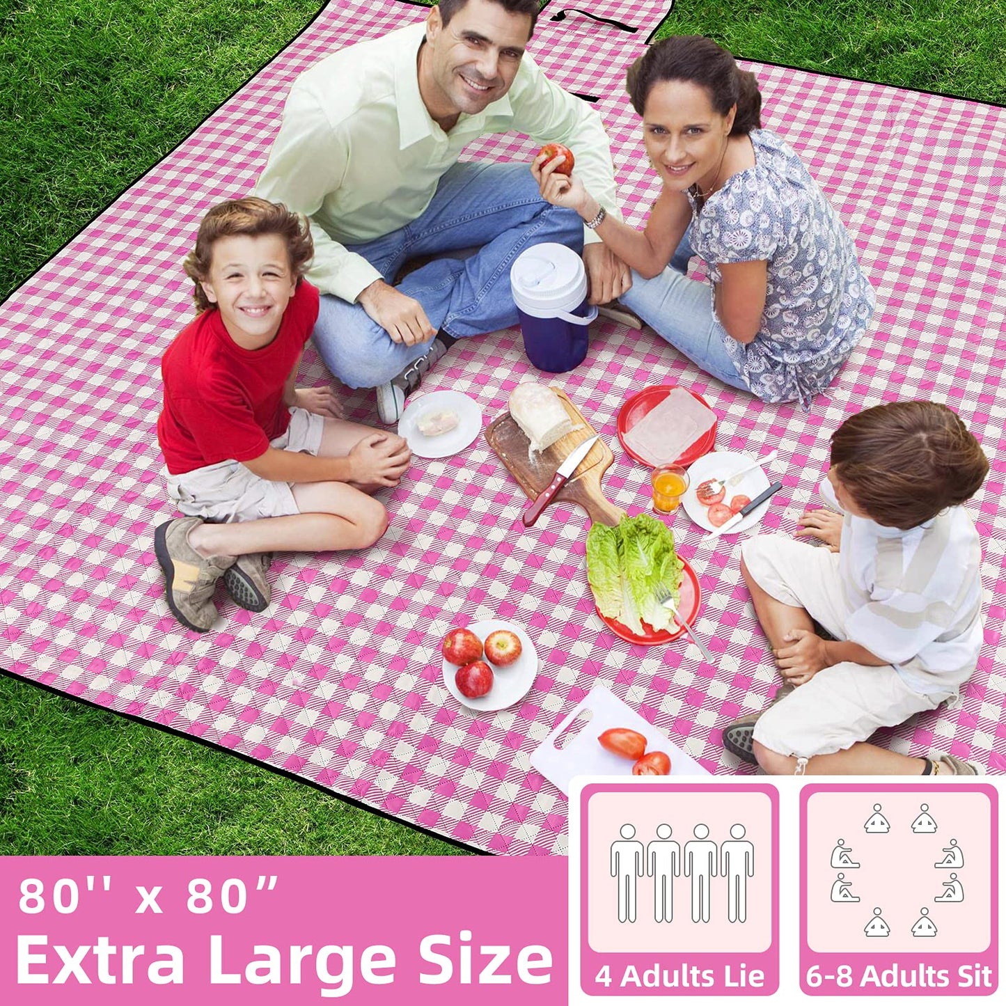 ZAZE Picnic Blanket Waterproof Sandproof, 80''x80'' 3-Layer Cute Compact Extra Large Machine Washable Foldable Beach Mat, Big XL Outdoor Blankets for Spring Summer Camping, Park, Grass(Pink and White)