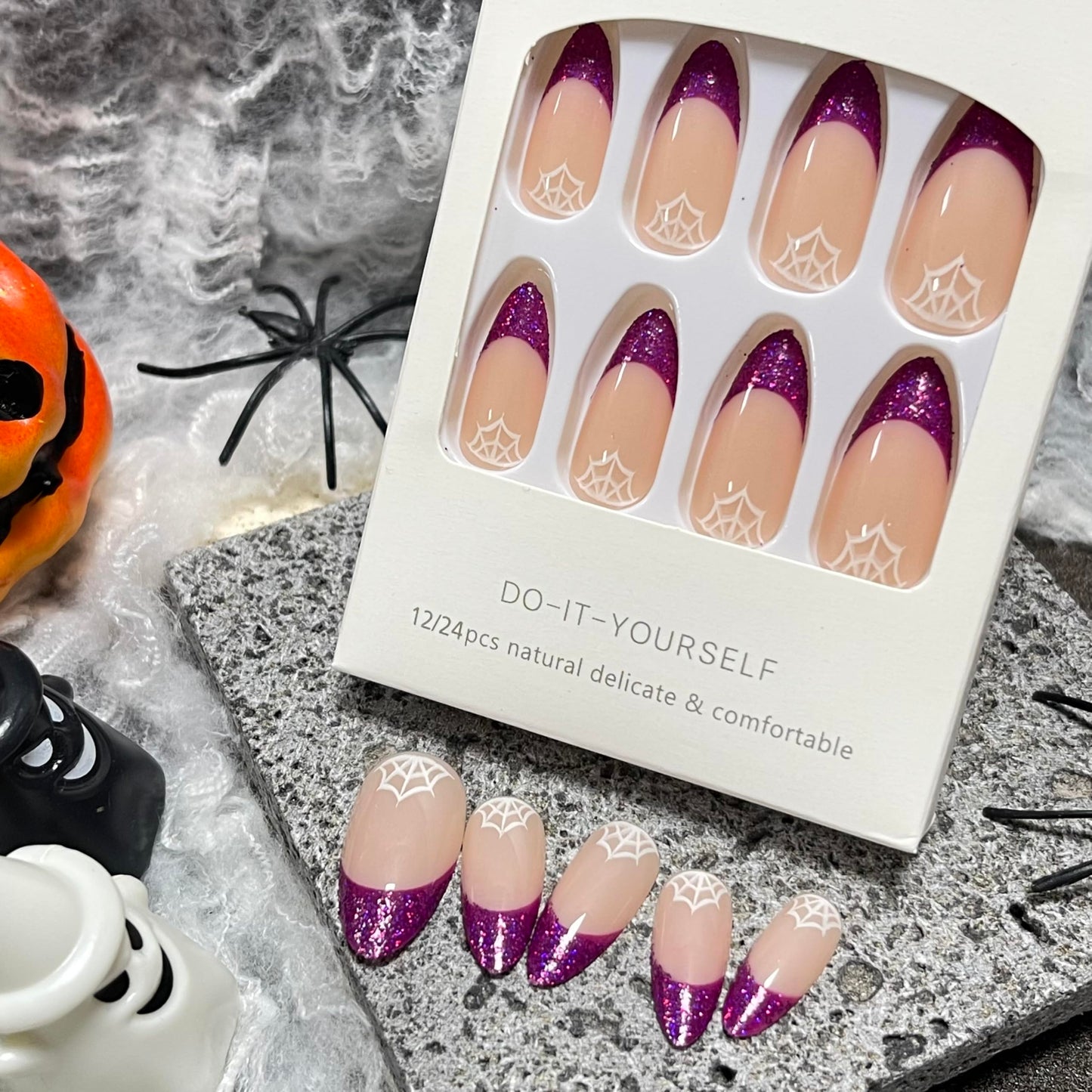 French Tip Press on Nails Medium Almond Halloween Fake Nails with Purple Glitter Design Glossy False Nails Spider Web Patterned Halloween Nails Acrylic Nails Full Cover Glue on Nails for Women 24Pcs