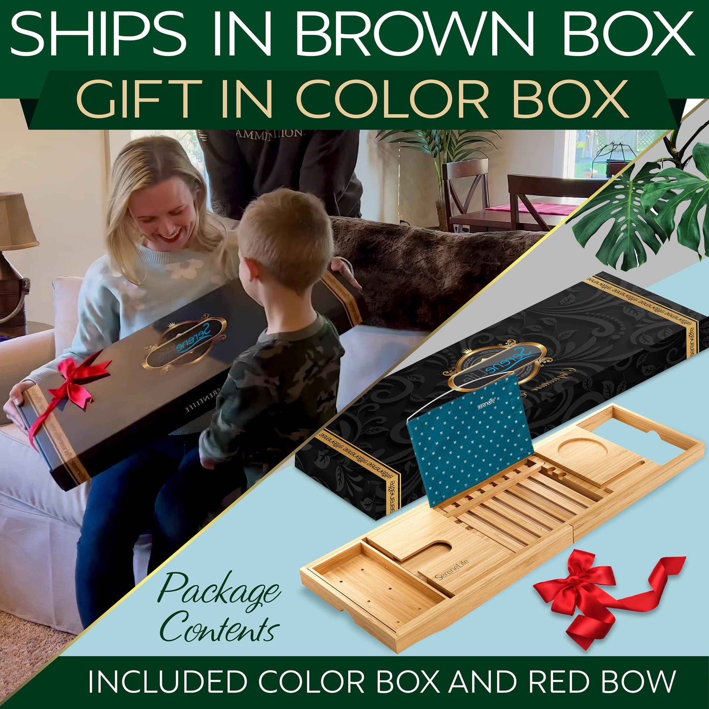 SereneLife Bathtub Tray - Expandable Bath Tray for Tub, Adjustable Bamboo Caddy with with Non-Slip Handles, Device Holder and Wine Glass Slot for Bathing Luxury (Standard, Soft Back, Gift Set)