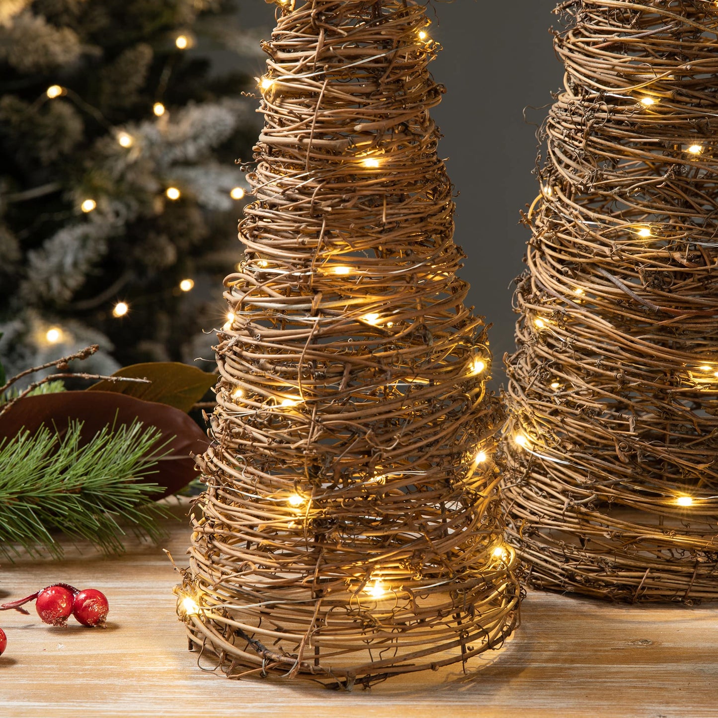 Glitzhome Set of 2 Lighted Christmas Rattan Table Tree Decorative Rattan Table Tree Table Centerpiece for Christmas Party Festival Home Decor Xmas Decorations