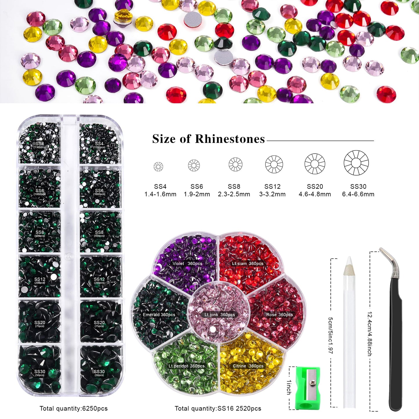 Blinginbox 2 Boxes of Flat Back Nail Gems Nail Art Rhinestones, Round Glass Gems for Face Art Eye Makeup, Non Hotfix Rhinestones, 8870pcs Mixed Sizes from 1.4mm to 6.6mm (Emerald)…