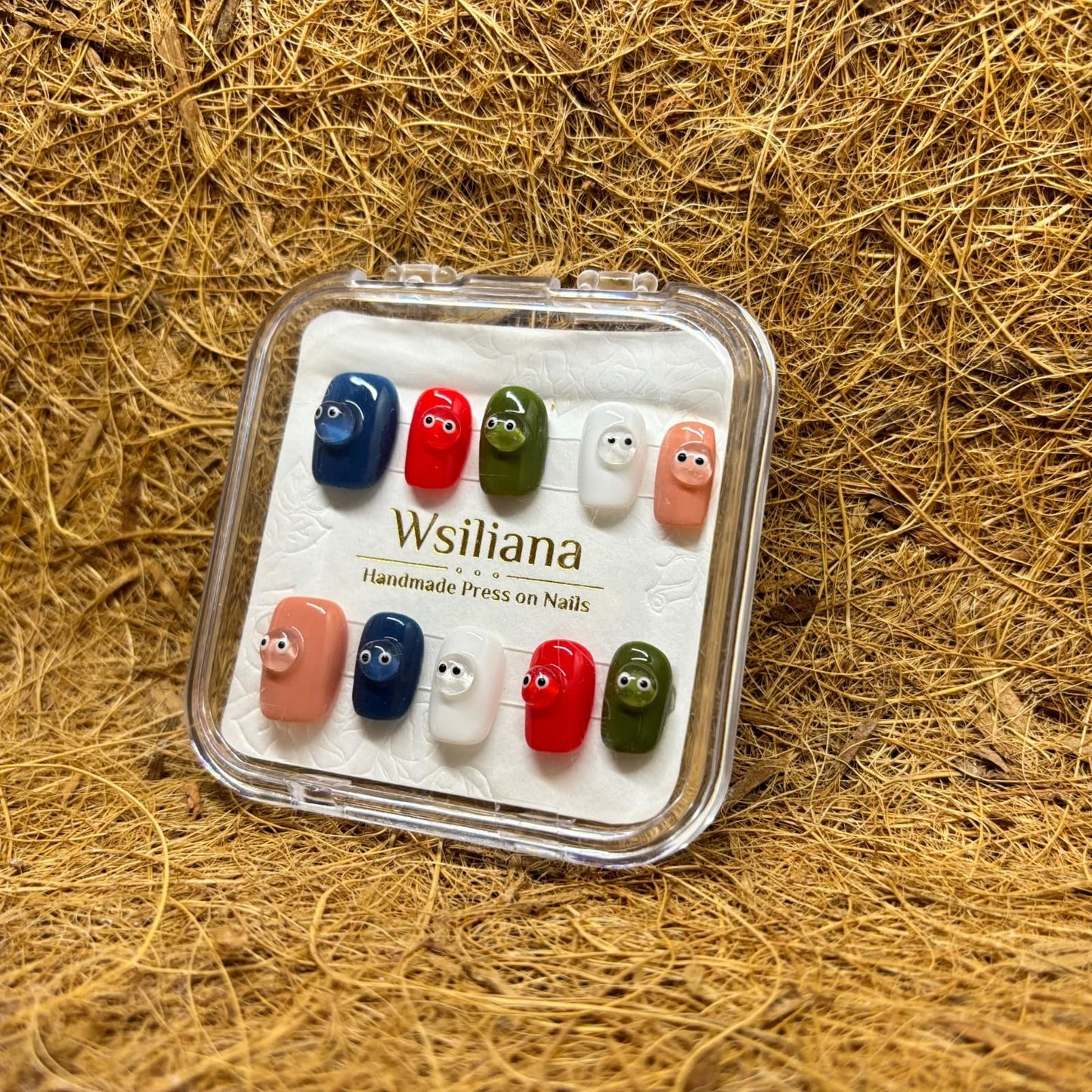 Wsiliana Nail Handmade Press on Nails Solid Short Square Glue On Fake Nail 10 Pcs Cute 3D Embossed Color Eye Design with Storage Box(024 M)