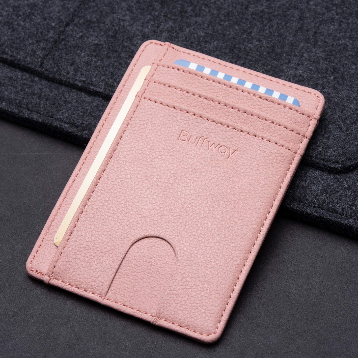 Buffway Slim Minimalist Front Pocket RFID Blocking Leather Wallets for Men and Women - Lichee Pink