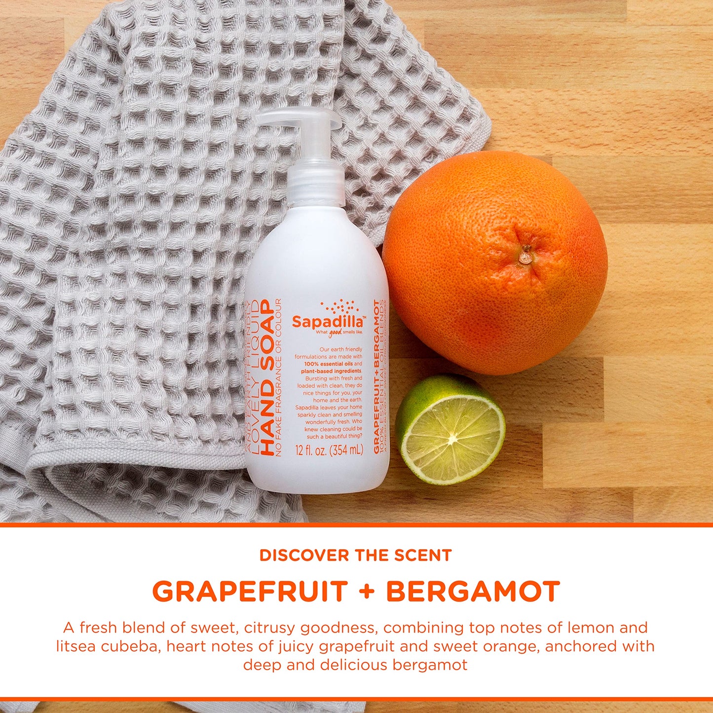 Sapadilla Grapefruit + Bergamot Biodegradable Liquid Hand Soap Pump, 12 Ounce, (Pack of 1)