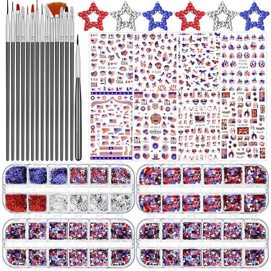 72 Set 4th of July Day Nail Charm 12 Pieces 3D Patriotic Star Nail Glitter Charm 48 Grids Memorial Day Star Nail Sequins 12 Sheet Nail Independence Day Sticker with Nail Brushes Gems for Women