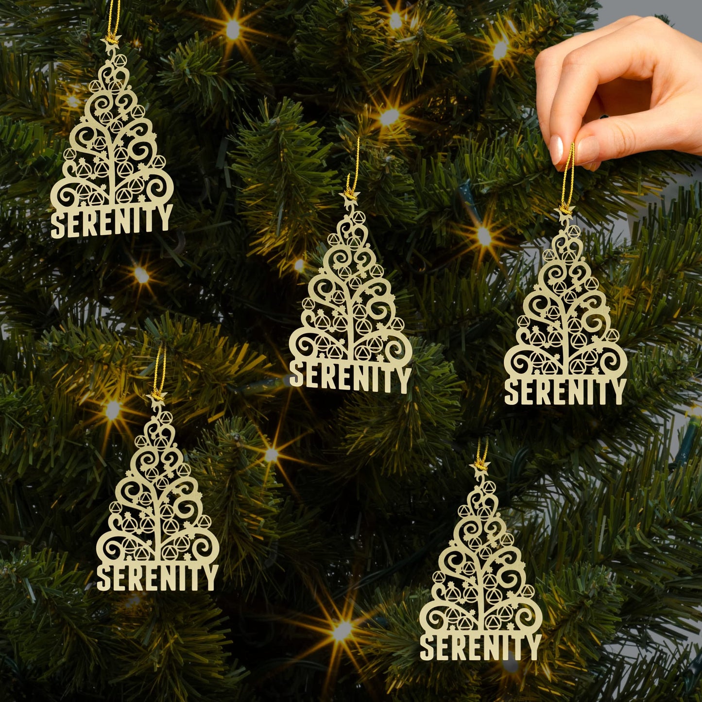 5 Pack AA Serenity Tree Sobriety Christmas Ornaments Set | Alcoholics Anonymous Sober Recovery Gifts | Stamped Brass