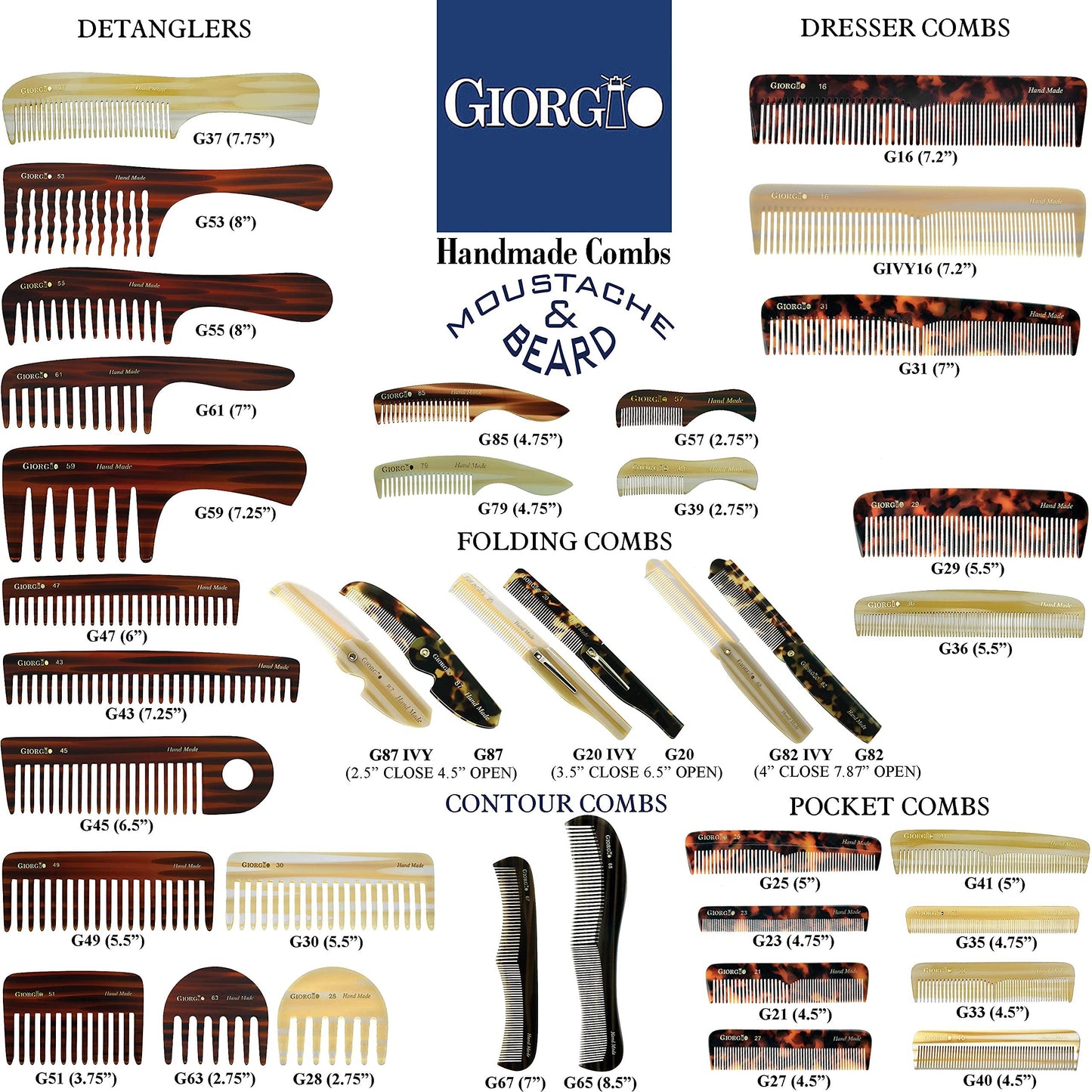 Giorgio G65 Classic Dresser Contour Comb, Double Tooth Coarse/Fine Hair Styling Grooming Comb for Men, Women and Kids. Black Barber Comb Saw Cut, Handmade and Hand Polished for Everyday Hair Care