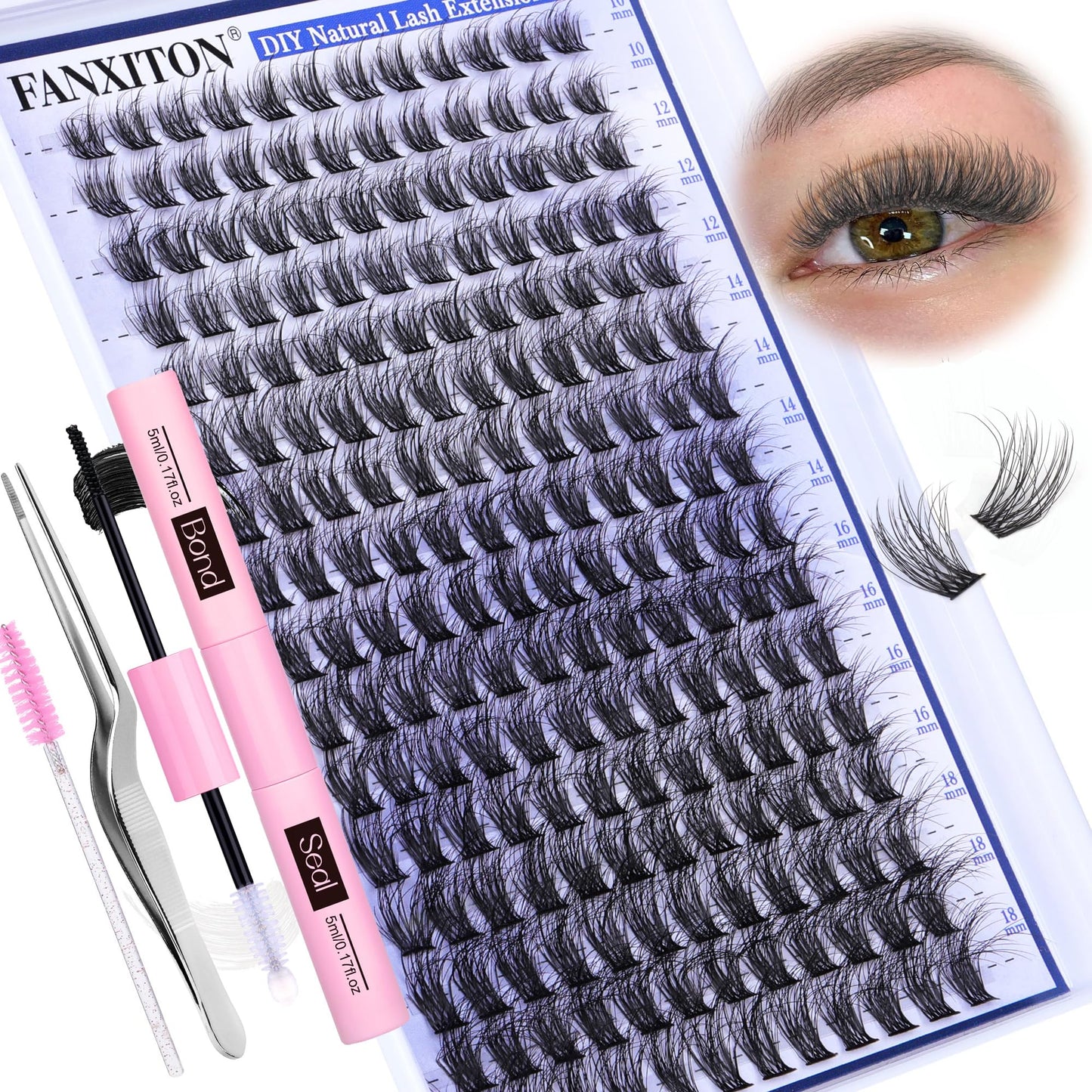 FANXITON Natural Lash Extension Kit Fluffy D Curl Lash Clusters 288pcs 10-18mm Mix DIY Eyelash Extension Kit with Lash Bond and Seal Lash Tweezers Individual Lashes For Beginners