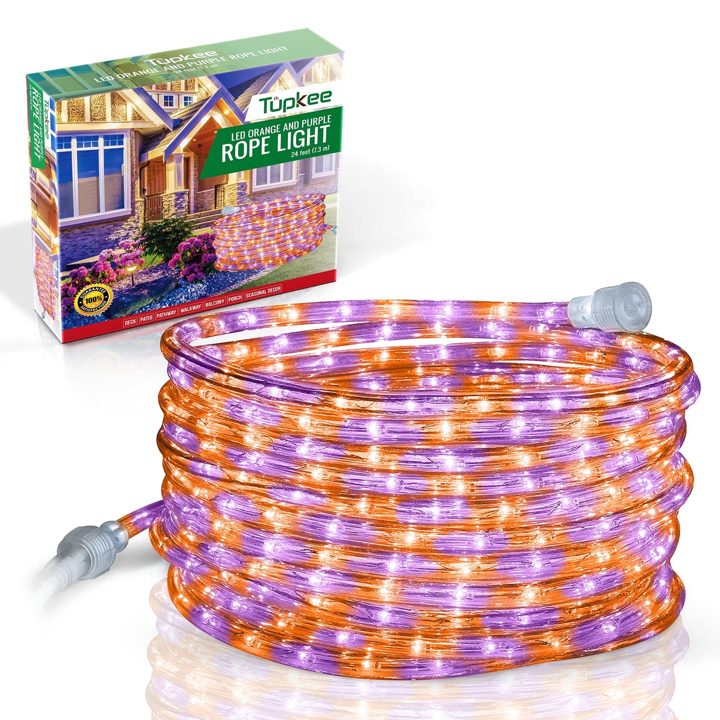 Tupkee LED Rope Light Orange & Purple - 24 Feet (7.3 m), for Indoor and Outdoor use - 10MM Diameter - 144 LED Long Life Bulbs Halloween Decorative Rope Tube Lights