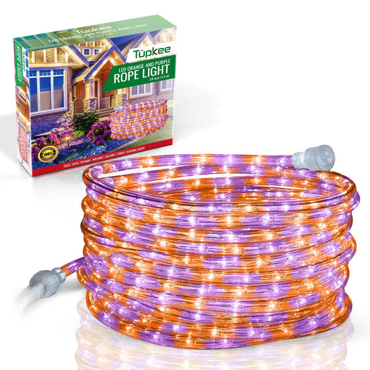 Tupkee LED Rope Light Orange & Purple - 24 Feet (7.3 m), for Indoor and Outdoor use - 10MM Diameter - 144 LED Long Life Bulbs Halloween Decorative Rope Tube Lights