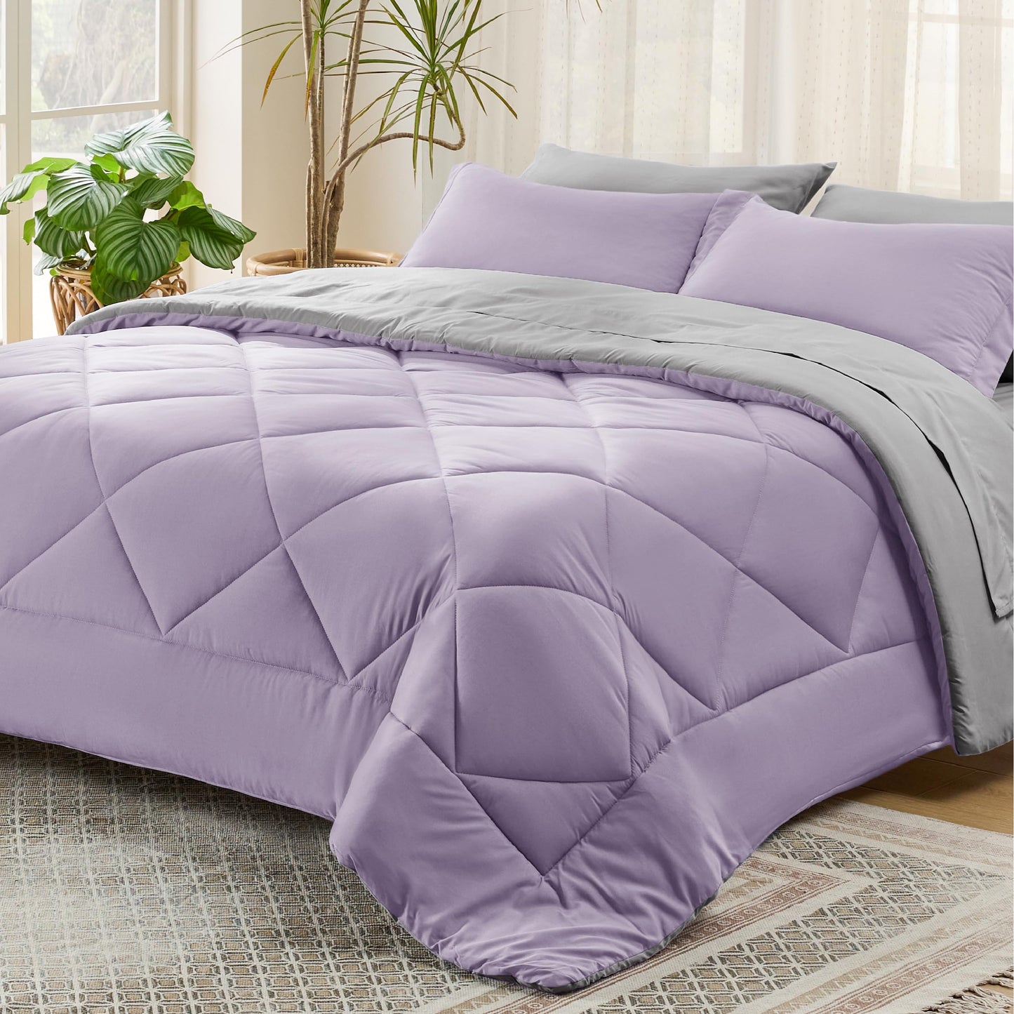 Bedsure Light Purple Twin Comforter Set - 5 Pieces Reversible Twin Bed in a Bag, Extra Long Twin Bed Set Light Purple and Grey with Comforters, Sheets, Pillowcase & Sham