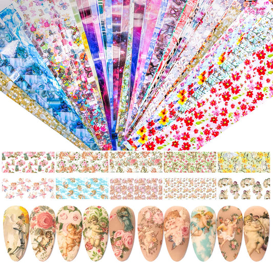 DANNEASY 150 Sheets Nail Foil Nail Transfer Foil Stickers Nail Art Decals Starry Sky Laser Flower Leopard Print Nail Design Nail Art Foil for Larger, Longer Gel Nails