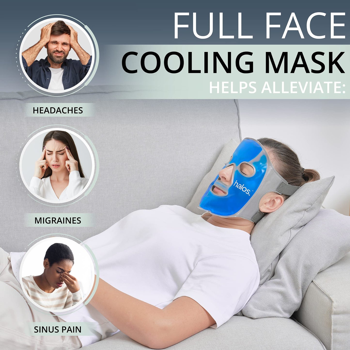 MyHalos Ice Face Mask - 2023 Frozen Face Mask for Pain Relief, Migraine & Wisdom Tooth Surgery - Our Cooling Face Mask for Swelling, Puffiness & Stress Relief - Hot or Cold Gel Face Mask Cold Pack