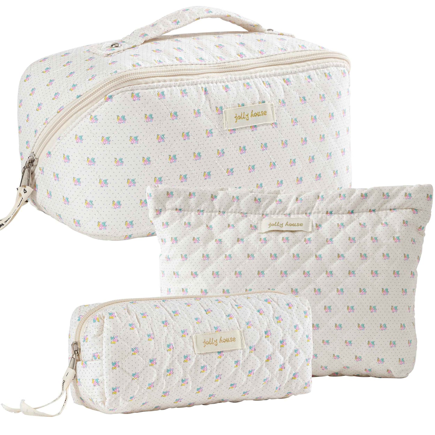 HBselect Quilted Makeup Bag, 3PCS Cotton Large Travel Makeup Bag, Cute Floral Coquette Make up Bag Cosmetic Bag Toiletry Bag for Women Girls
