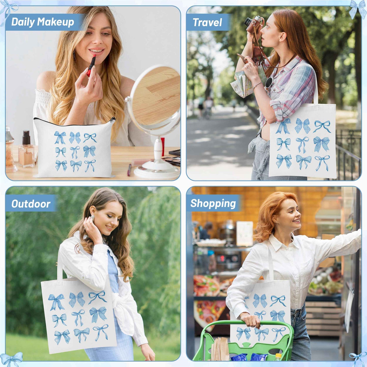 Y1tvei Blue Bows Canvas Bags - 2Pcs Cute Blue Coquette Aesthetic Tote Bag with Inner Pocket, Reusable Grocery Folding Shopping Bag, Bow Knot Zipper Makeup Pouch Gifts for Women Girls Daughter Mother