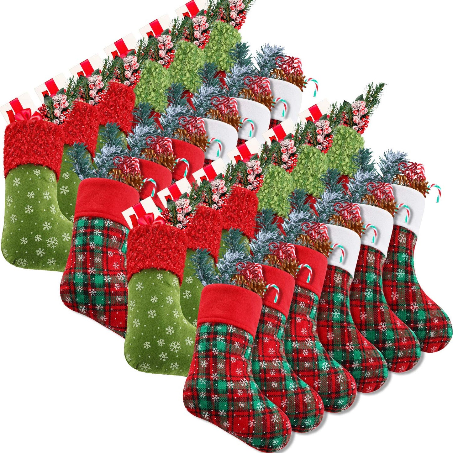 Syhood 24 Pieces 9 Inch Christmas Mini Stockings Plaid Snowflake Christmas Stockings Christmas Tree Hanging Stocking for Xmas New Year Party Decorations