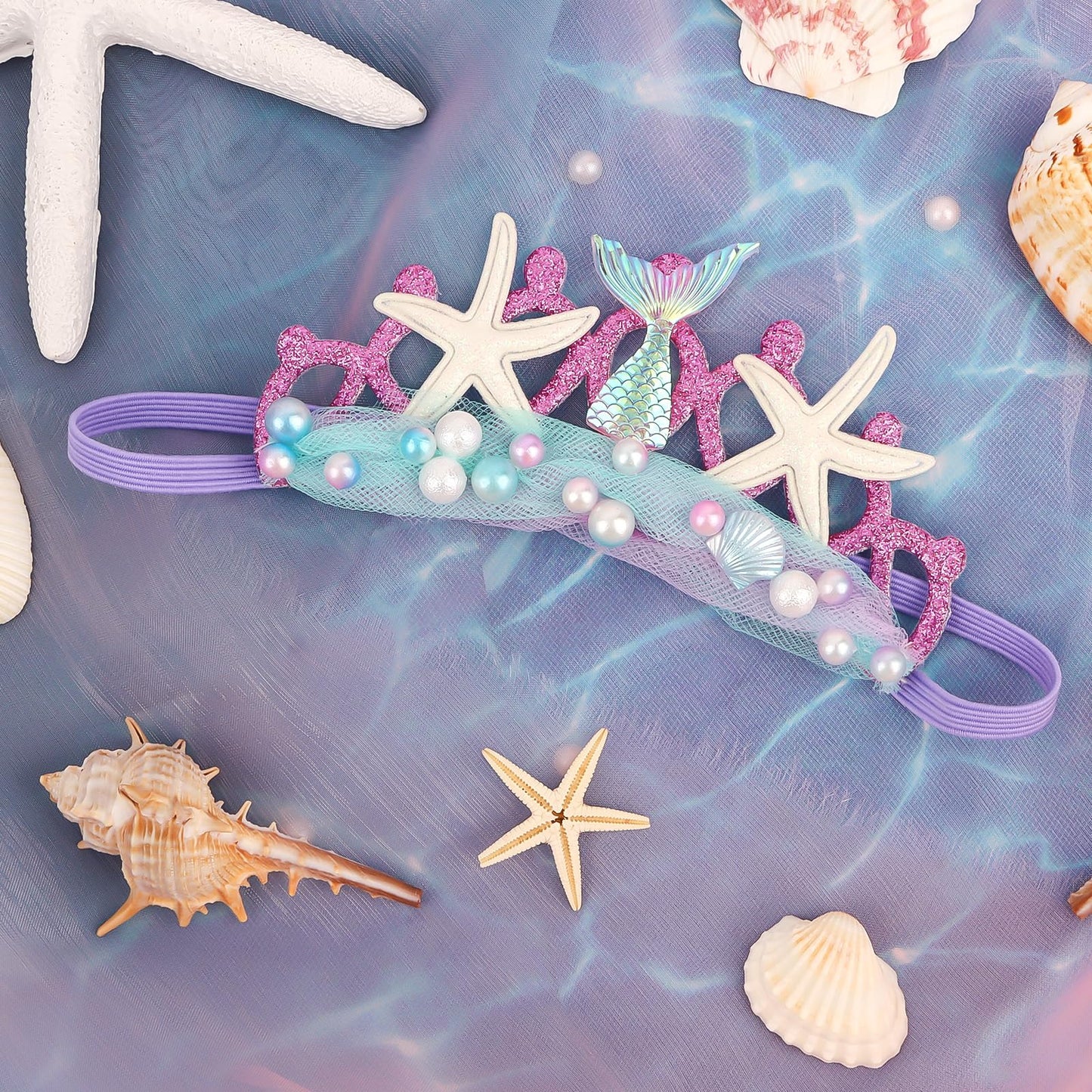 GAFATORY Purple Baby Elastic Headband with Pearl Seashell Starfish Headbands with Veil Fishtails Soft Headwrap Newborn Hair Band Children Hair Accessories