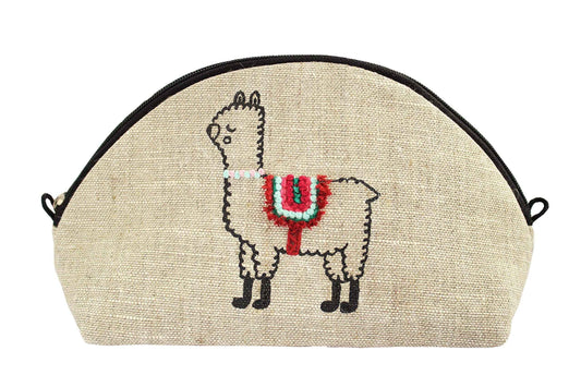 Alpaca makeup bag Embroidered llama cosmetic purse Small beauty bag for women Linen zippered pouch