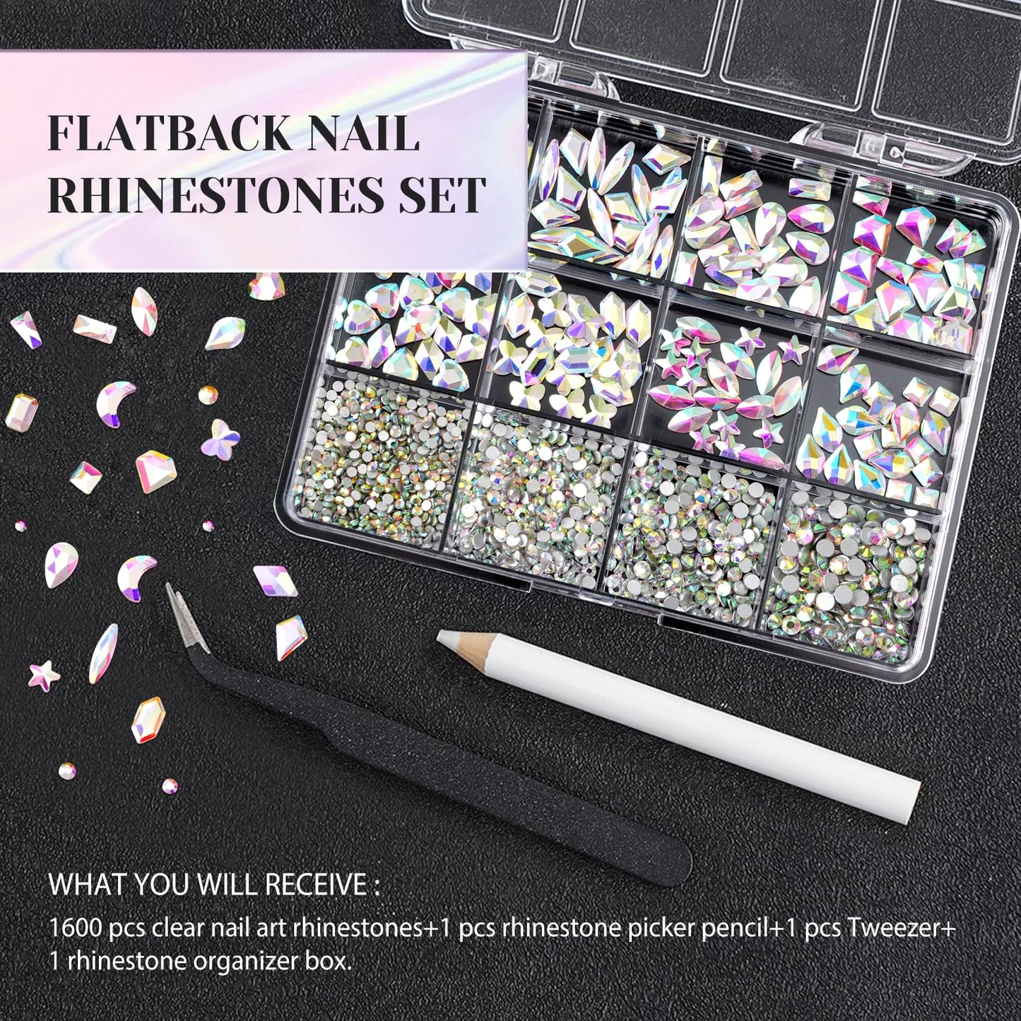 Sikkis Nail Rhinestones 3D Glass AB, 1600pcs Nail Crystal Stone Multi Shape Flatback Gems for Nail Art with Rhinestones Picker and Tweezers for Nail DIY Craft Decoration - Iridescent