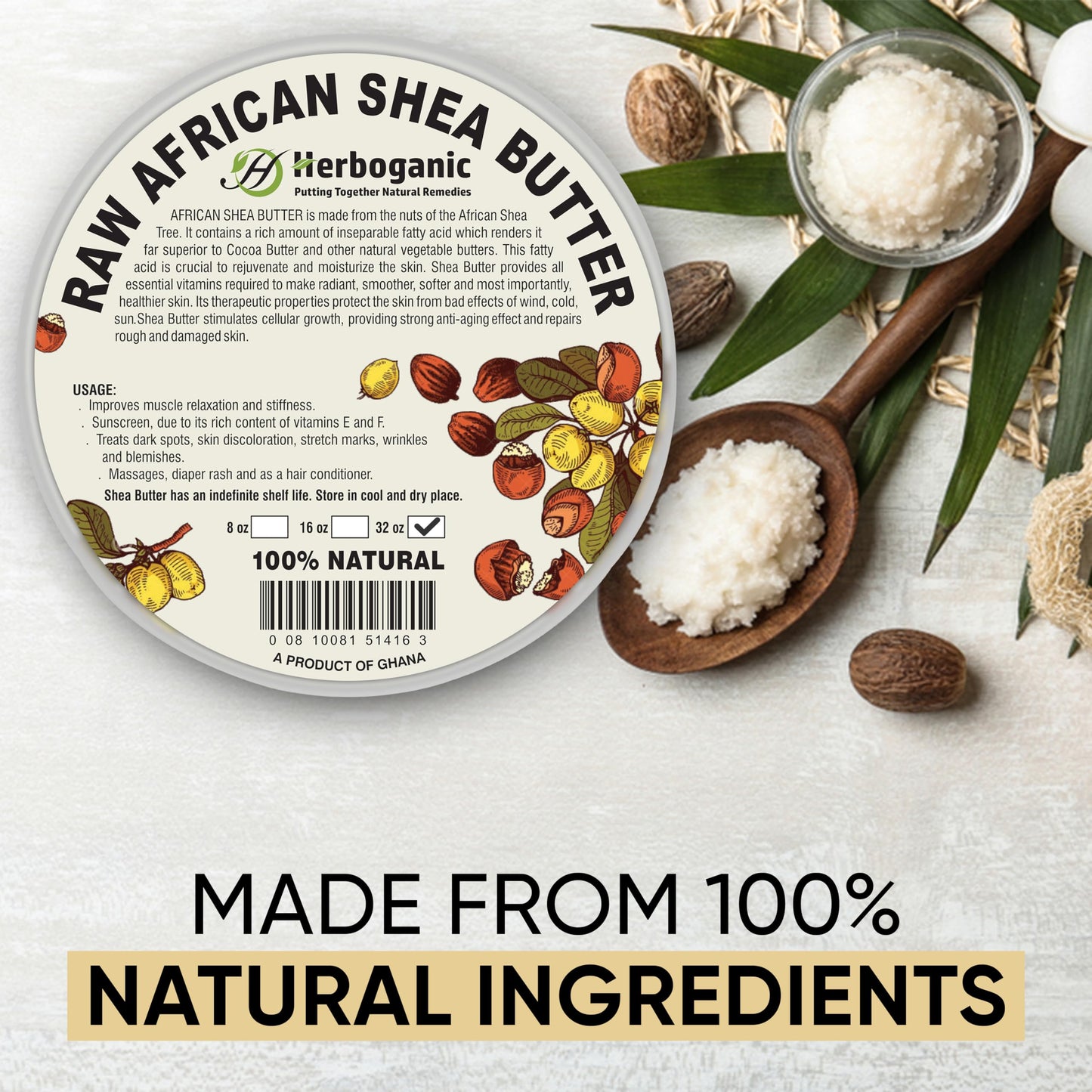 HERBOGANIC Pure African Shea Butter Raw Organic, White Ivory 100% Natural Unrefined | For Body & Hair Scalp Non GMO - 32 oz