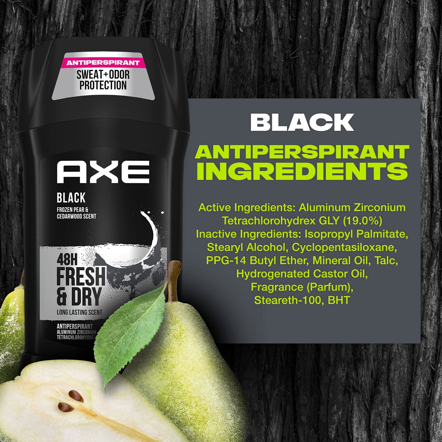 AXE Antiperspirant Stick For Men 48 Hour Sweat And Odor Protection For Long Lasting Freshness, Black Frozen Pear & Cedarwood Men's Deodorant 2.7oz 12 Count