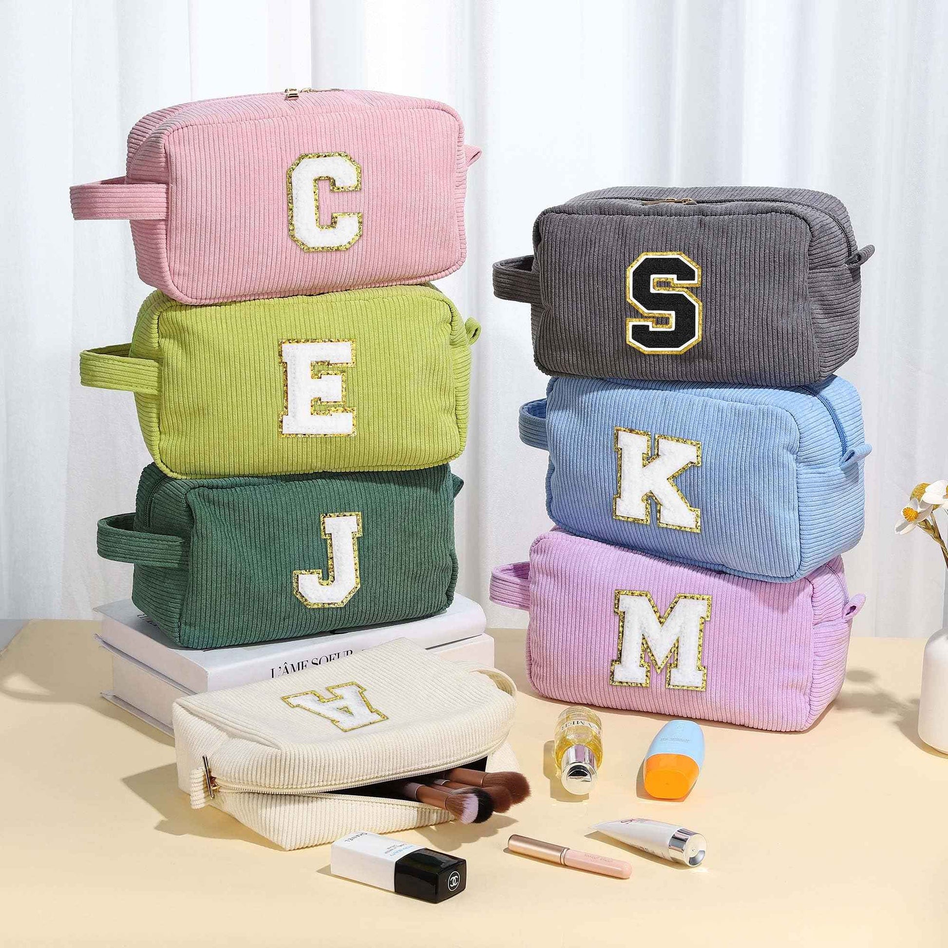 YOOLIFE 3 Pcs Initial Jute Tote Bag & Initial Makeup Bag Personalized Gifts for Women Teen Girls