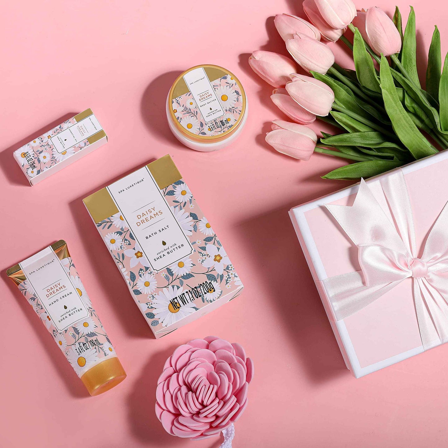 Spa Luxetique Gift Baskets for Women, Dasiy Dream Scented 15pcs Bath Gift Sets with Shower Gel, Hand Cream and Tote Bag, Mother's Day Gifts for Mom