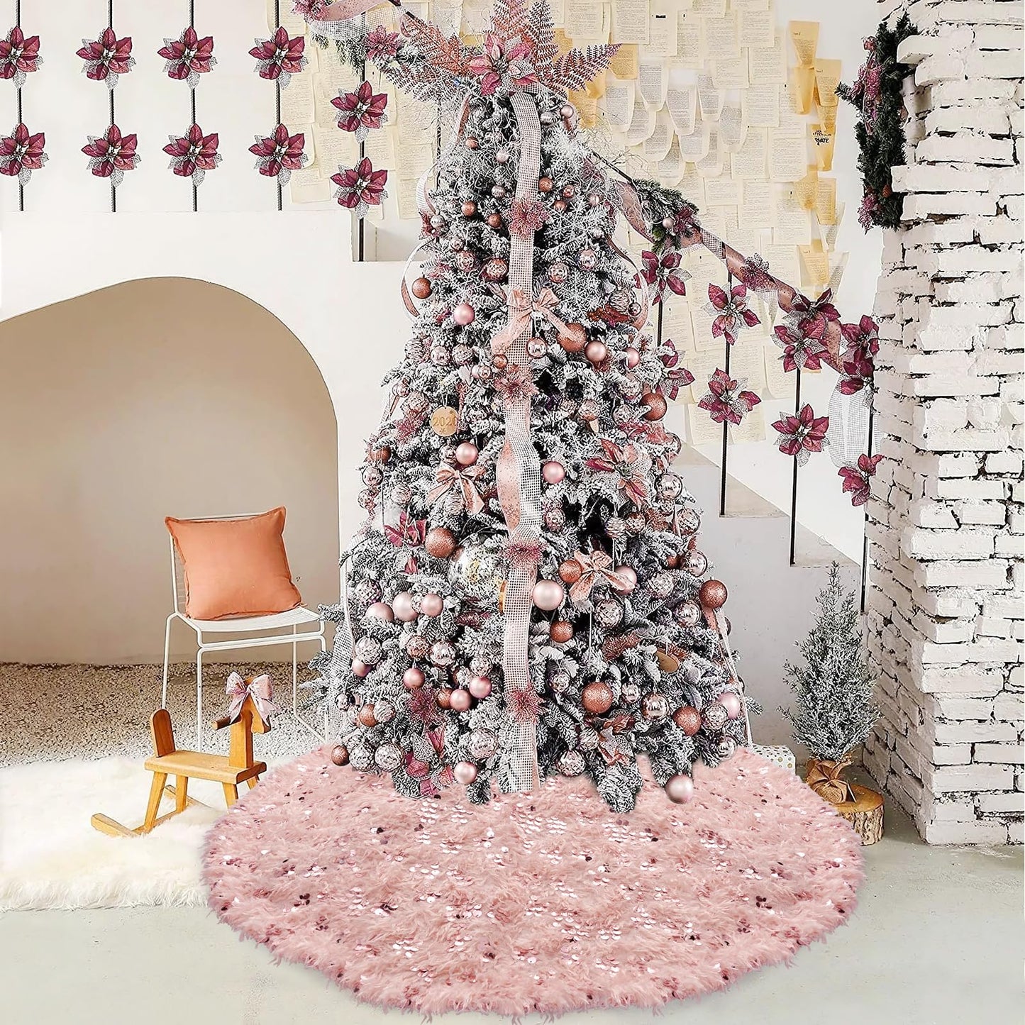 Blush Pink Christmas Tree Skirt, 48 inches Large Pink Faux Fur Feather Tree Ornaments with Sequins, Fluffy Xmas Tree Rug for Holiday Fall Winter New Year Christmas Decorations