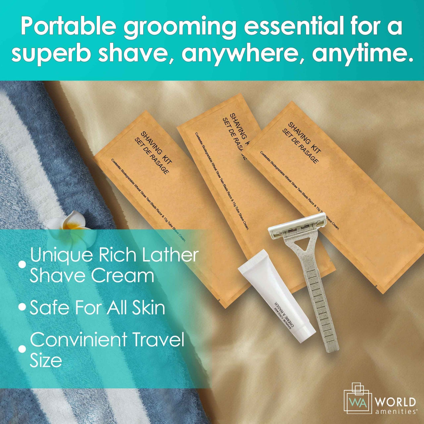 World Amenities Kraft Paper Shave Kit - Bulk Homeless Care Package - Dual Blade Safety Razor and Shave Cream Set (50 Pack)