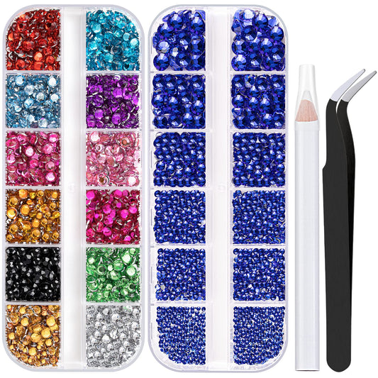 Two Packs of Flatback Rhinestones 4520 Pcs Colorful Nail Art Rhinestones Flatback Crystal Colorful+Royal Blue Rhinestone with Picker Pencil and Tweezer For Nail Art and Decoration