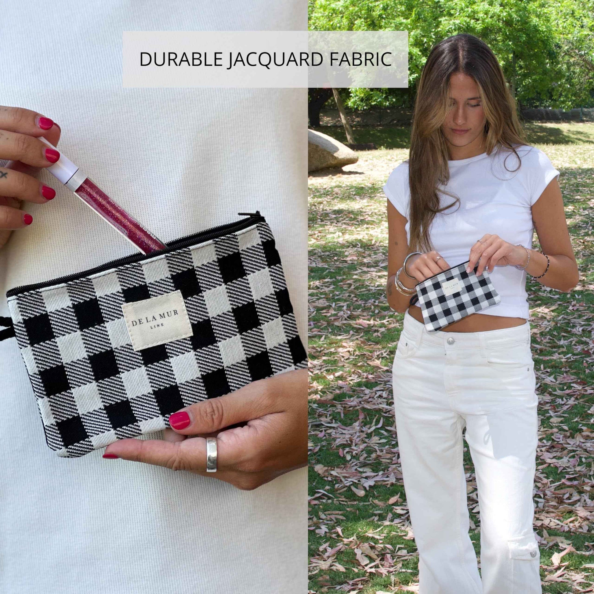 DE LA MUR LINE Medium Black & White Checkered Travel Size Toiletries Cosmetic Bag – Travel Makeup Organizer, Toiletry Bag, & Coin Purse for Women, Perfect Gifts for Travel, Made in Barcelona, Spain