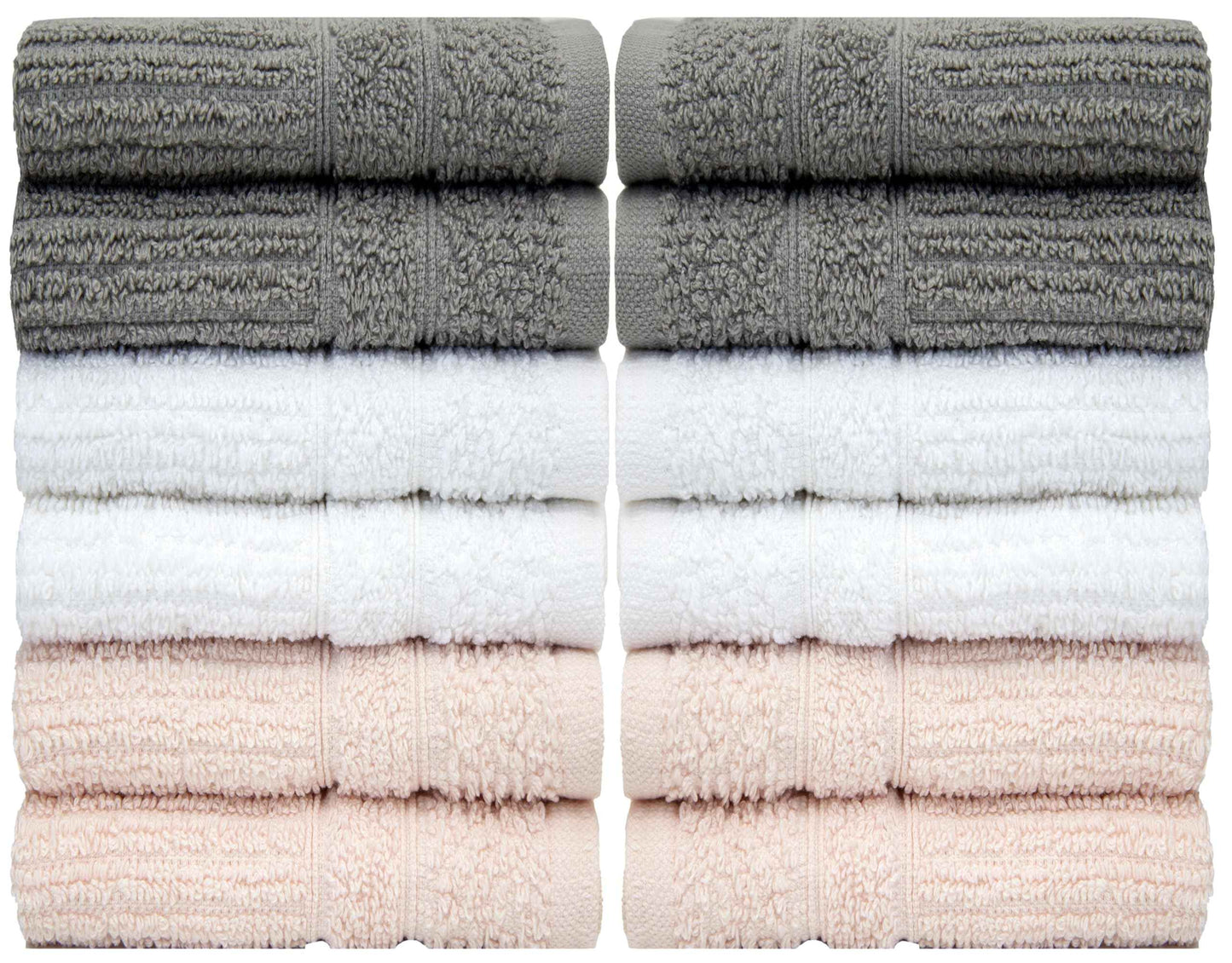 PH Pleasant Home Ribbed Wash Cloths Set - 12 Pack (12” x 12”) – 509 GSM - 100% Ring Spun Cotton Wash Cloth - Super Soft and Highly Absorbent Face Towels (Light Grey, White & Pink)