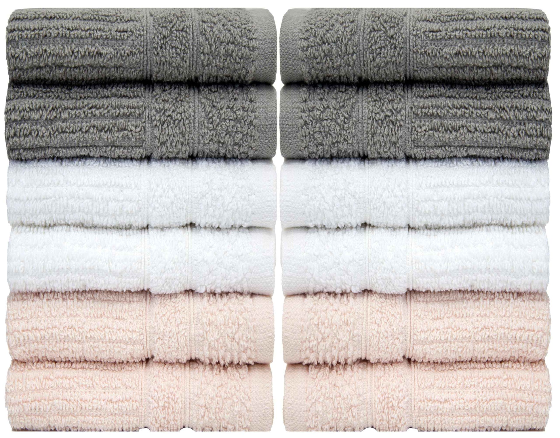 PH Pleasant Home Ribbed Wash Cloths Set - 12 Pack (12” x 12”) – 509 GSM - 100% Ring Spun Cotton Wash Cloth - Super Soft and Highly Absorbent Face Towels (Light Grey, White & Pink)