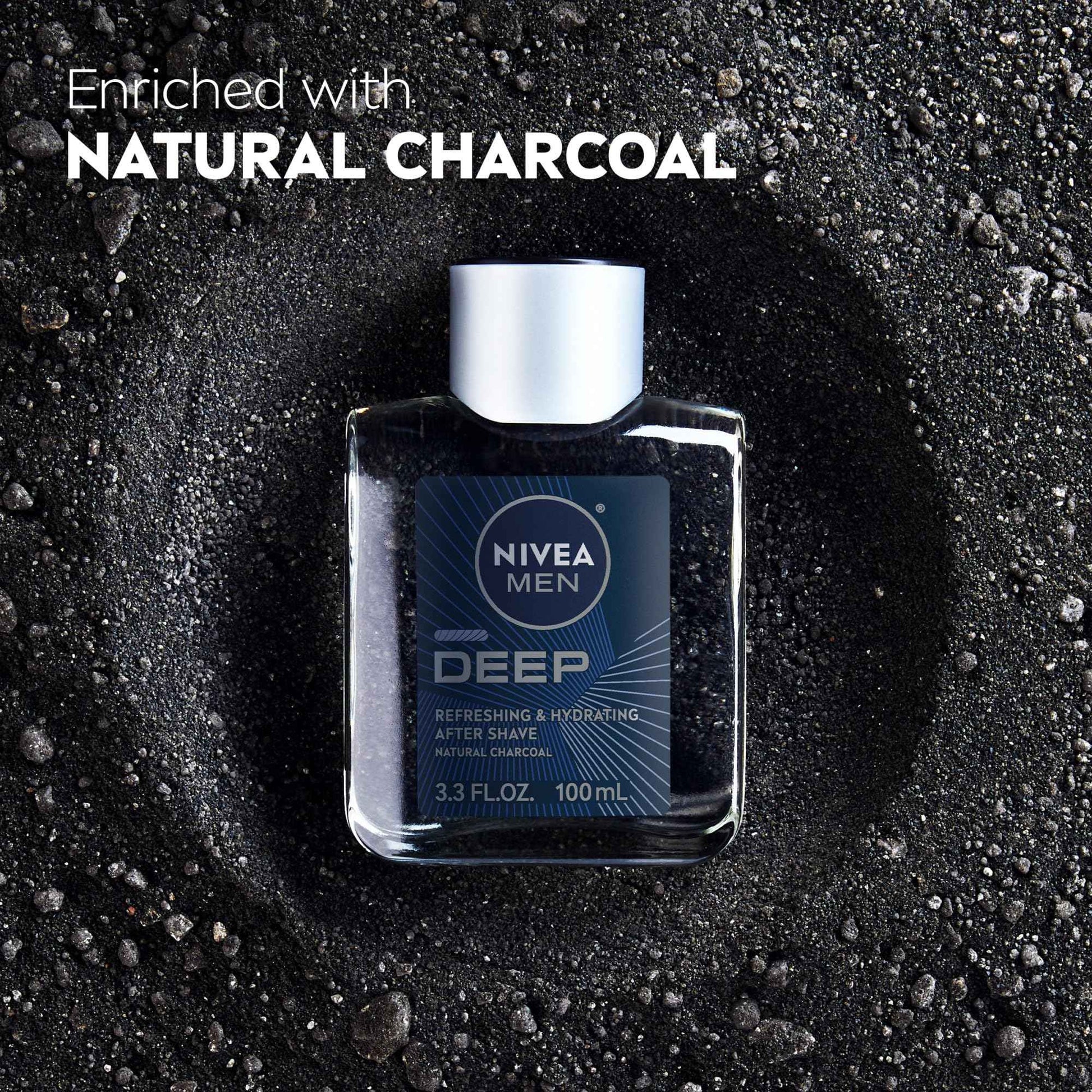 NIVEA Men DEEP Refreshing and Hydrating After Shave with Natural Charcoal, Aftershave Lotion for Men Soothes Shave Irritation, Vanilla and Bourbon Scent, 3.3 Fl Oz Bottle, Pack of 3