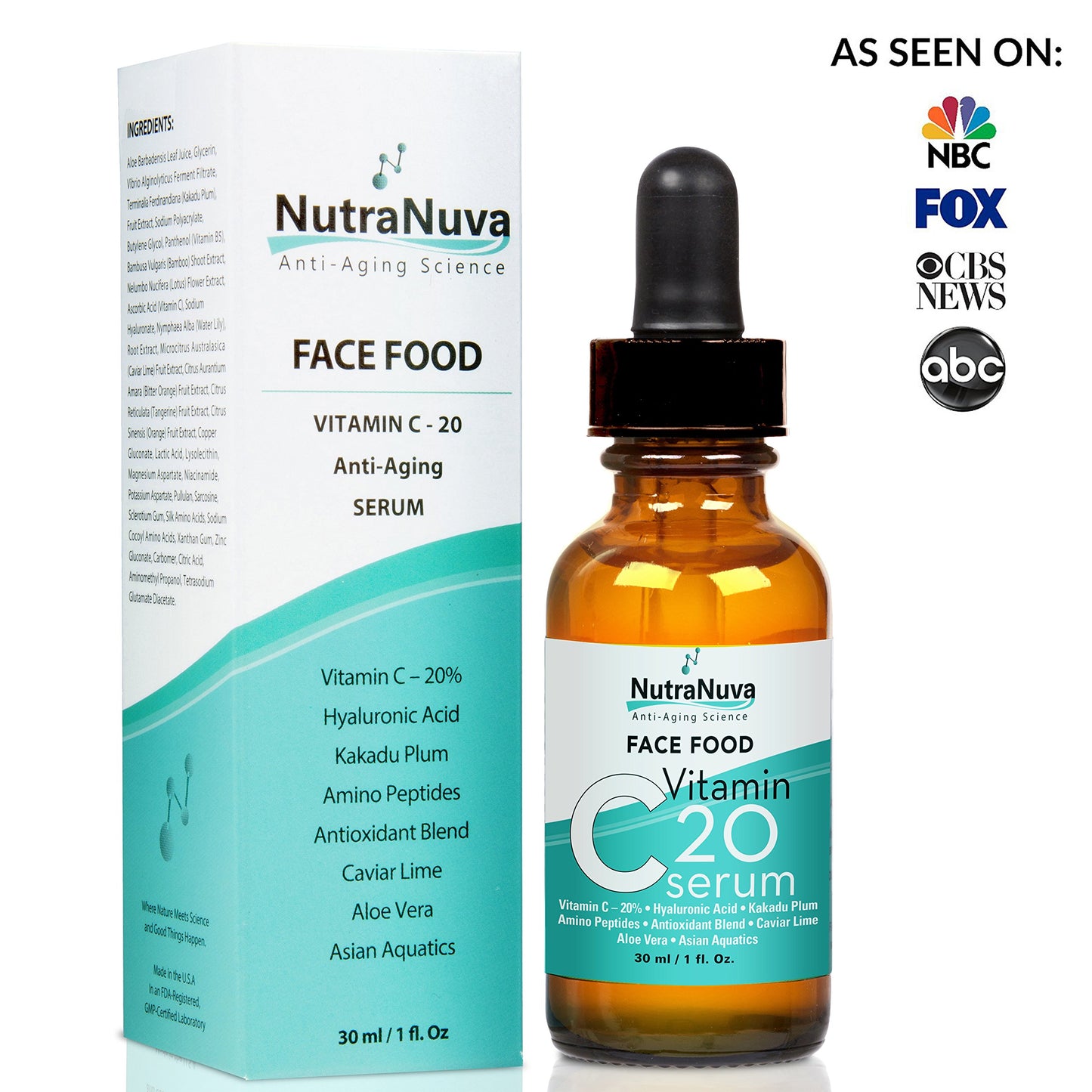 NutraNuva Face Food Anti Aging Natural 20% Vitamin C Serum Complex VEGAN Formula, Kakadu Plum, Hyaluronic Acid, Peptides, Aquatic Plants, Aloe and more for Wrinkles, Age Spots, Collagen,1 fl. Oz