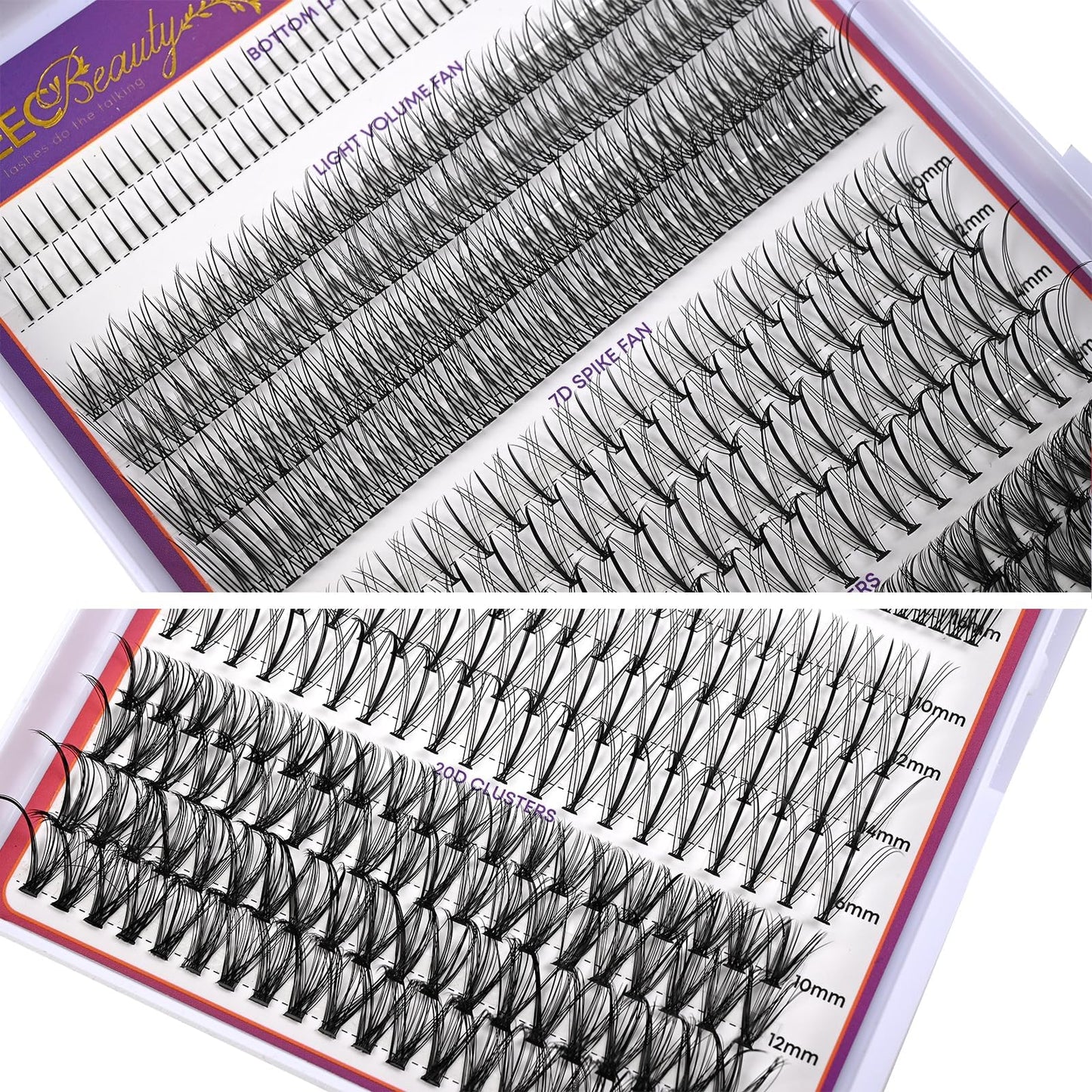 Wleec Beauty Lash Clusters with Bottom Lashes, 320PCS D Curl Lash Clusters Wispy Multi-type 7D Spike Fan Eyelash Clusters Mixed 10-16mm 20D Individual Lashes Natural for DIY Lash Extensions at Home