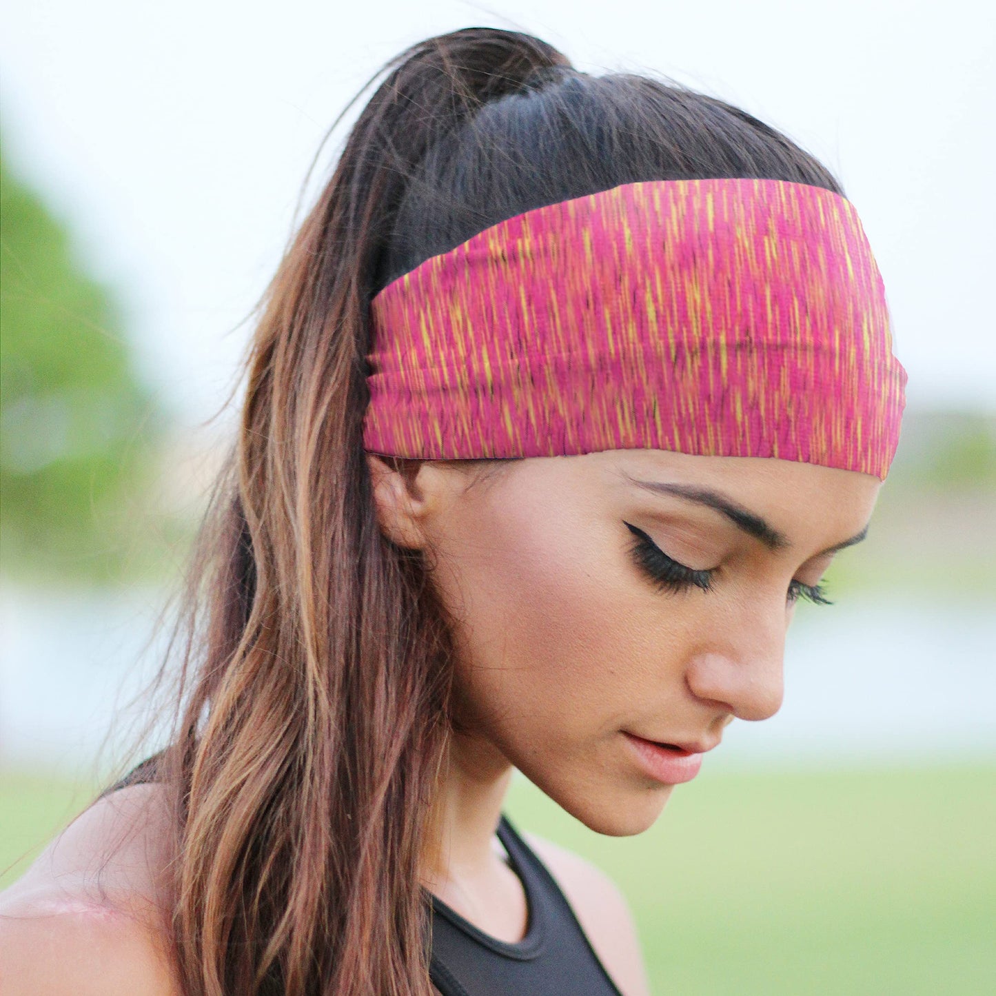 Bondi Band Headbands for Women, 4 Inch Tapered Running Headbands That Stay In Place, Absorbent, Moisture Wicking, Colorful Static Print, Pink/Orange