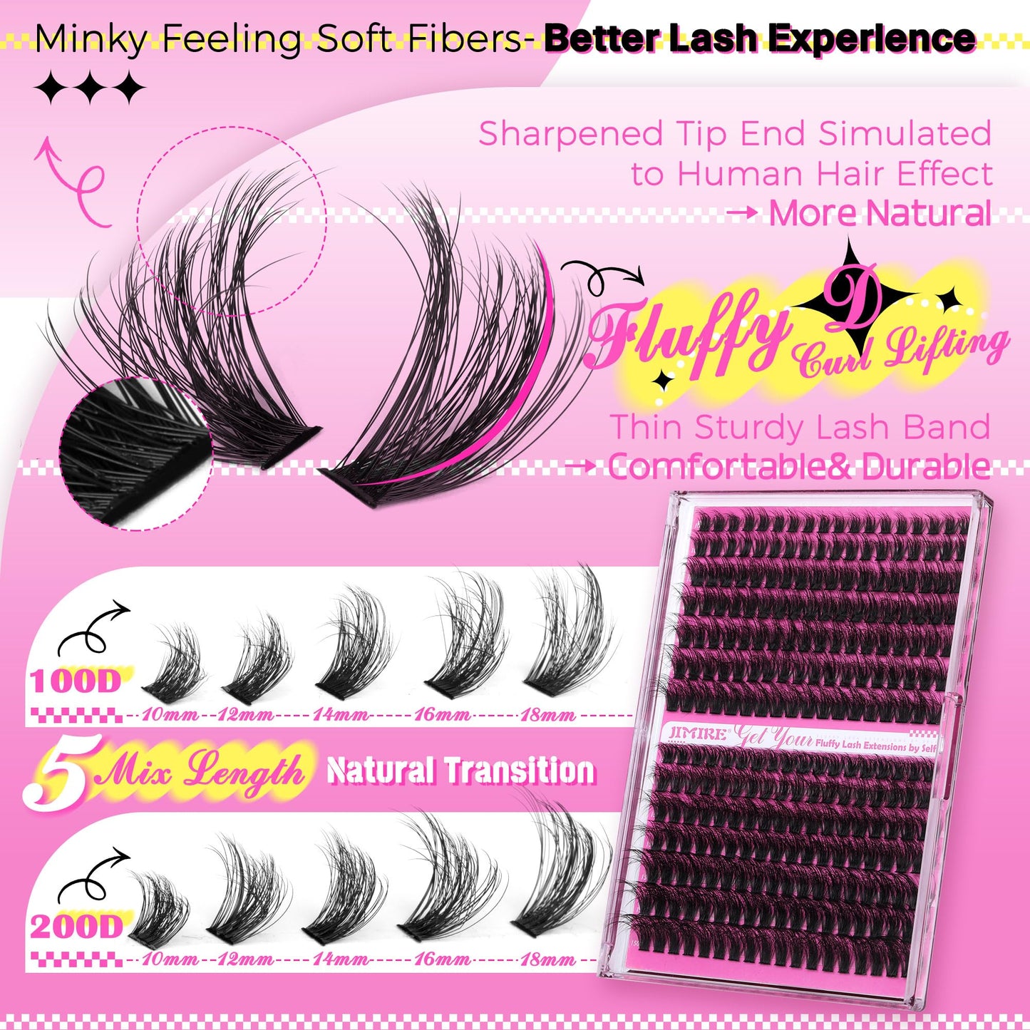 DIY Eyelash Extension Kit Fluffy Lash Clusters Kit Volume D Curl Lash Extensions Kit with Lash Glue Bond and Seal 280Pcs Cluster Eyelash Extensions Kit DIY at Home by JIMIRE(80D+100D,10-18MM)