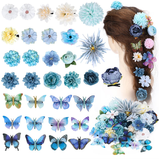 KorViSHOW Hair Clip, 32 Pieces Flower Clip with Butterfly Clip Set, Floral Hair Accessories for Wedding, Butterfly Barrettes for Women (Blue Style)