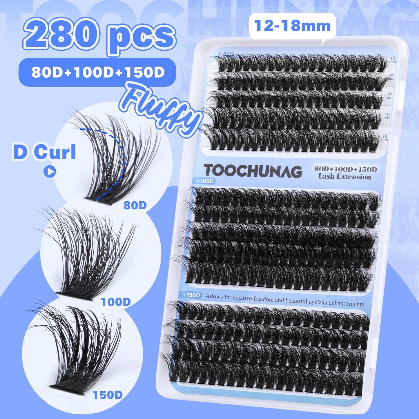 TOOCHUNAG Fluffy Lash Clusters 3 Styles Individual Lashes Cluster Eyelash Extensions 280pcs Wispy Eyelash Clusters DIY Long Thick Lash Extension at Home (12-18mm,D Curl)