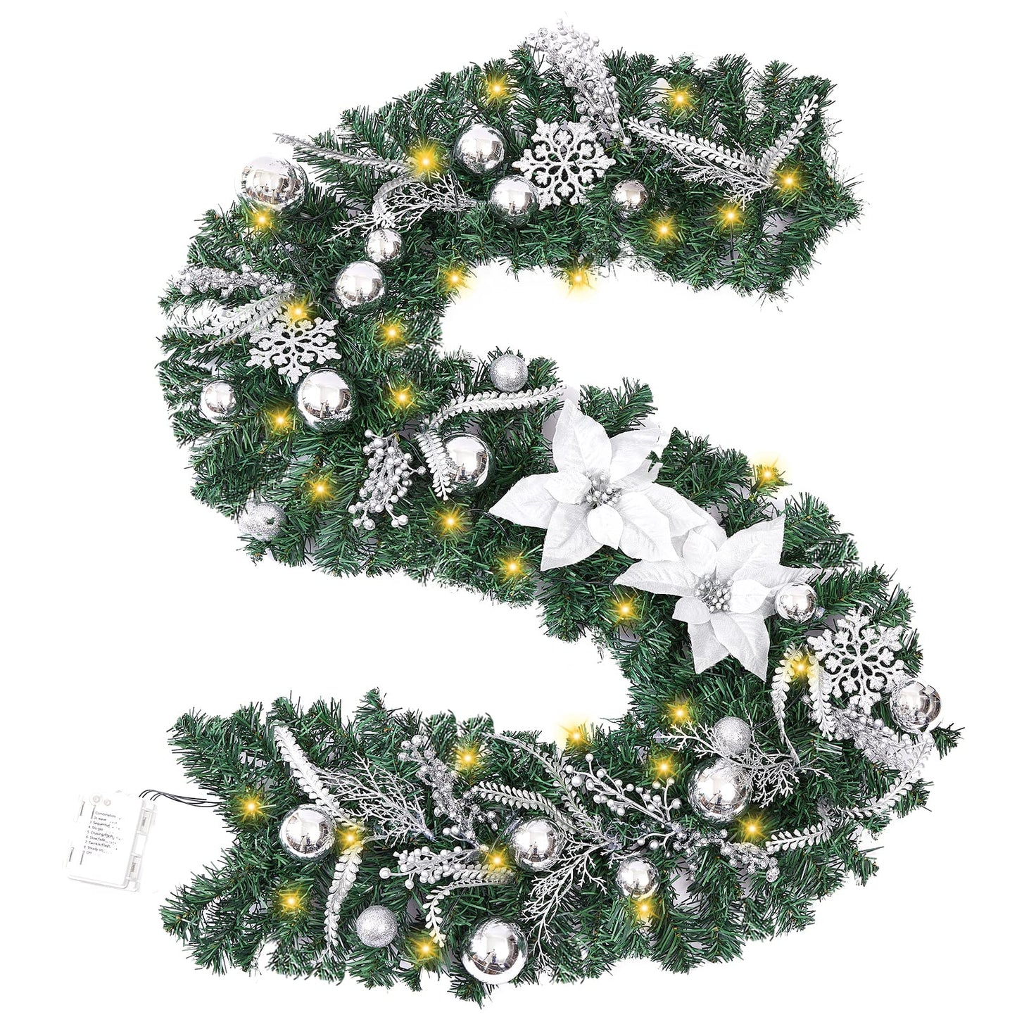 Prelit 6 Feet Christmas Garland Silver White with Battery Operated 30 LED Lights, Ball Ornaments, Snowflakes, Poinsettia Flowers & Berries, Garland Christmas Decoration for Indoor Outdoor Mantel