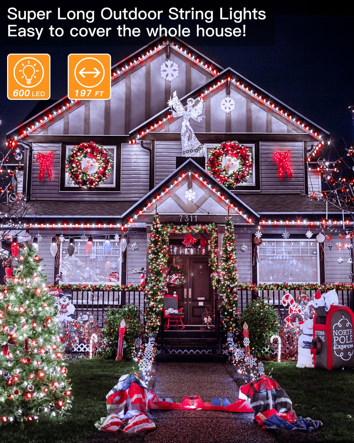 shineshine 197 FT 600 LED Christmas Lights Outdoor, 8 Lighting Modes with Remote, String Lights for Xmas Christmas Decorations Red + White